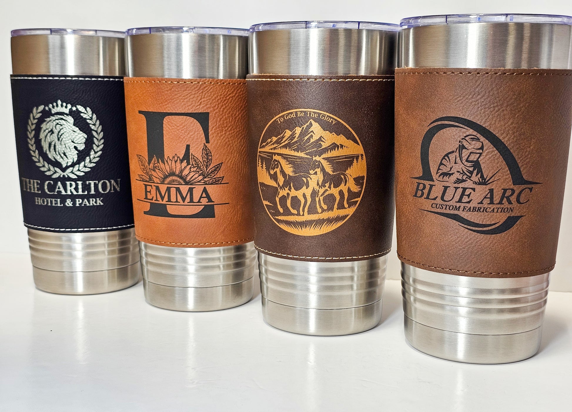 20 oz tumbler with leather sleeve and custom logo for promotional product giveaway item