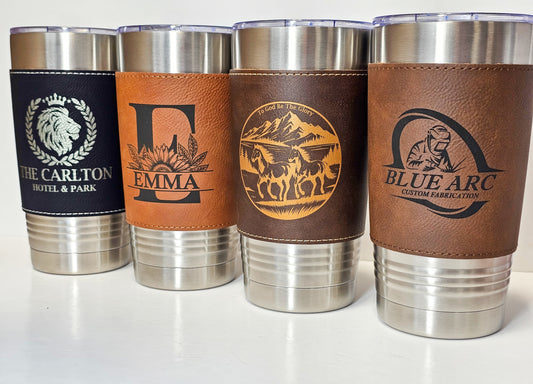 20 oz tumbler with leather sleeve and custom logo for promotional product giveaway item