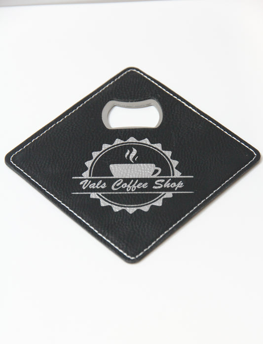 leather bottle opener coaster with custom laser logo