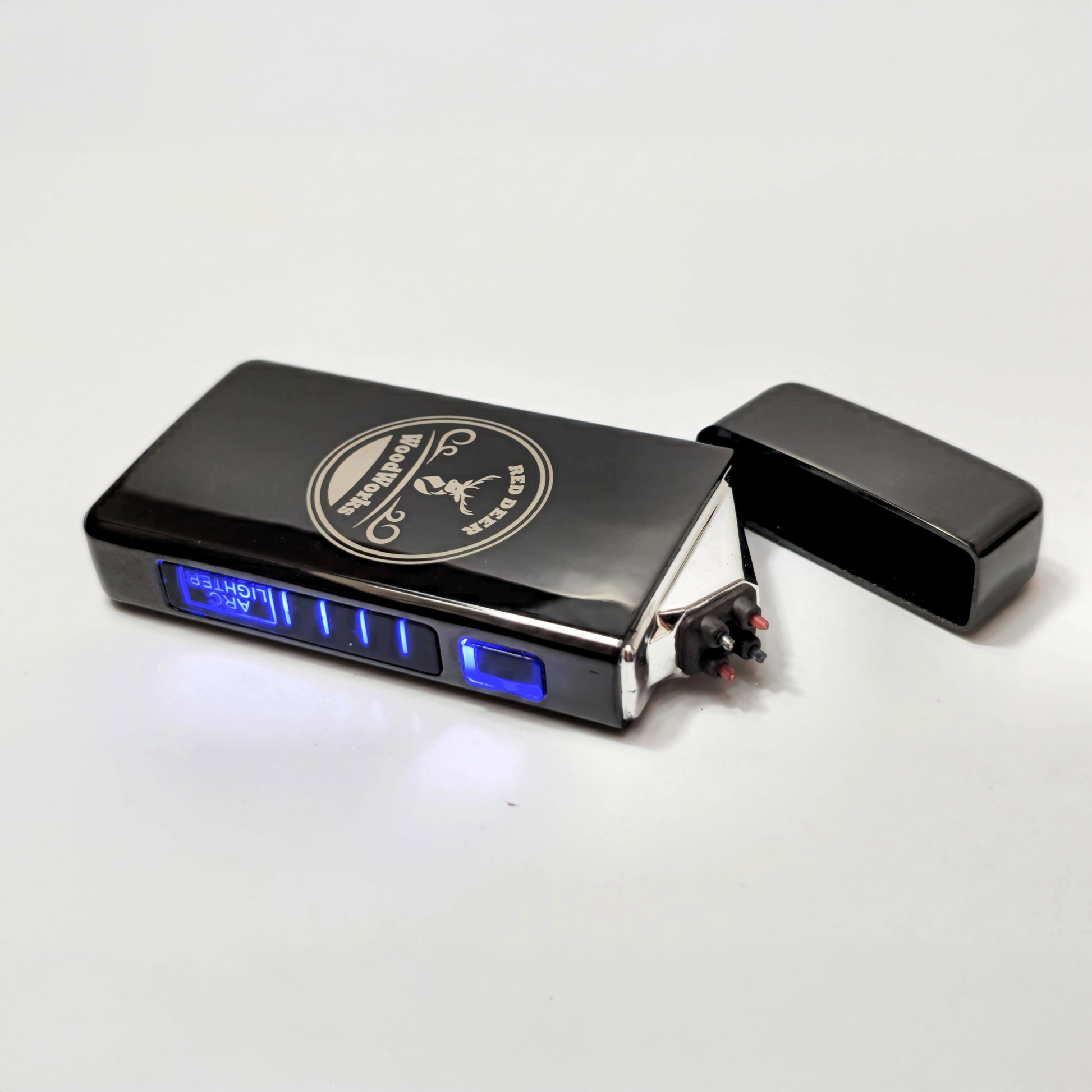 Black electric arc lighter with LED display and company logo