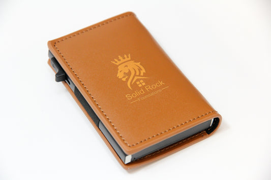 leather pop-up cardholder wallet with laser logo promotional product