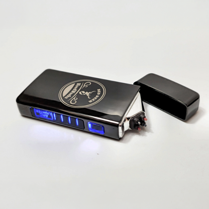 Black electric arc lighter with LED display and company logo 